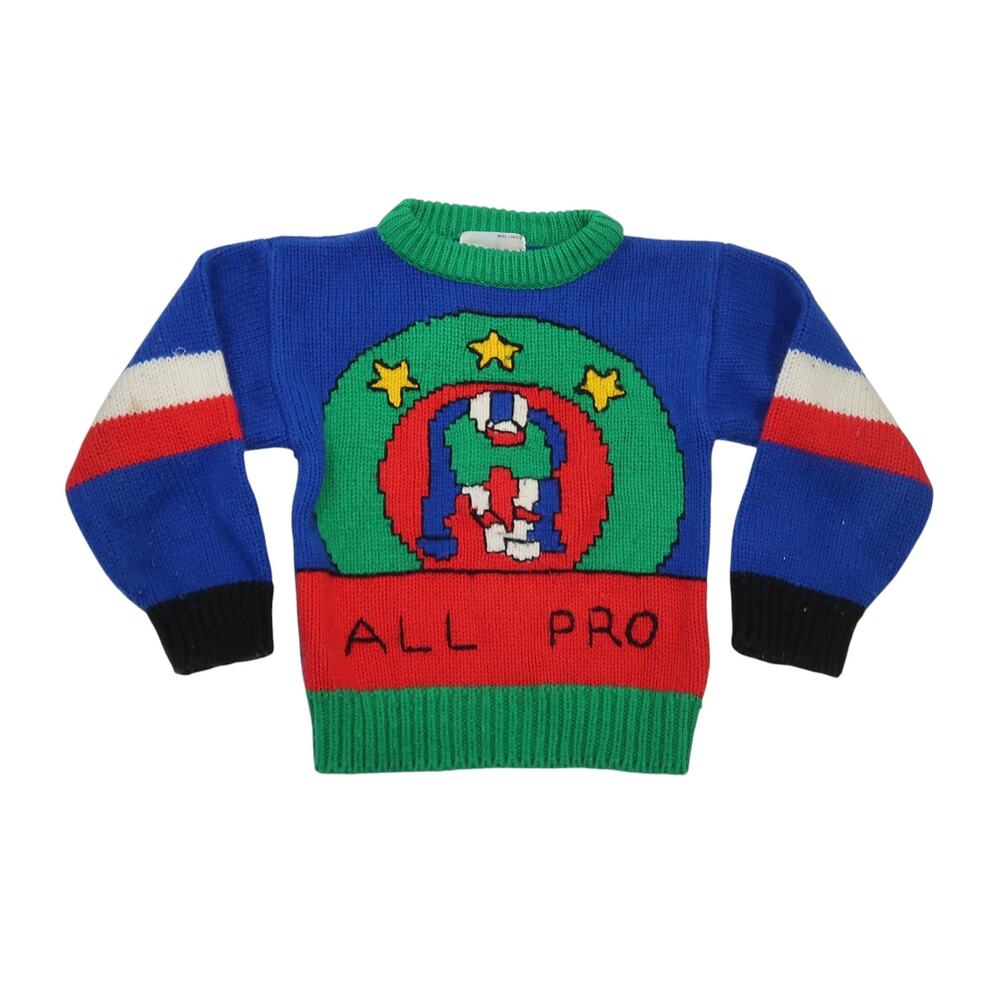 Vintage 90s Christopher Rand Blue and Green Football Player Sweater 4T